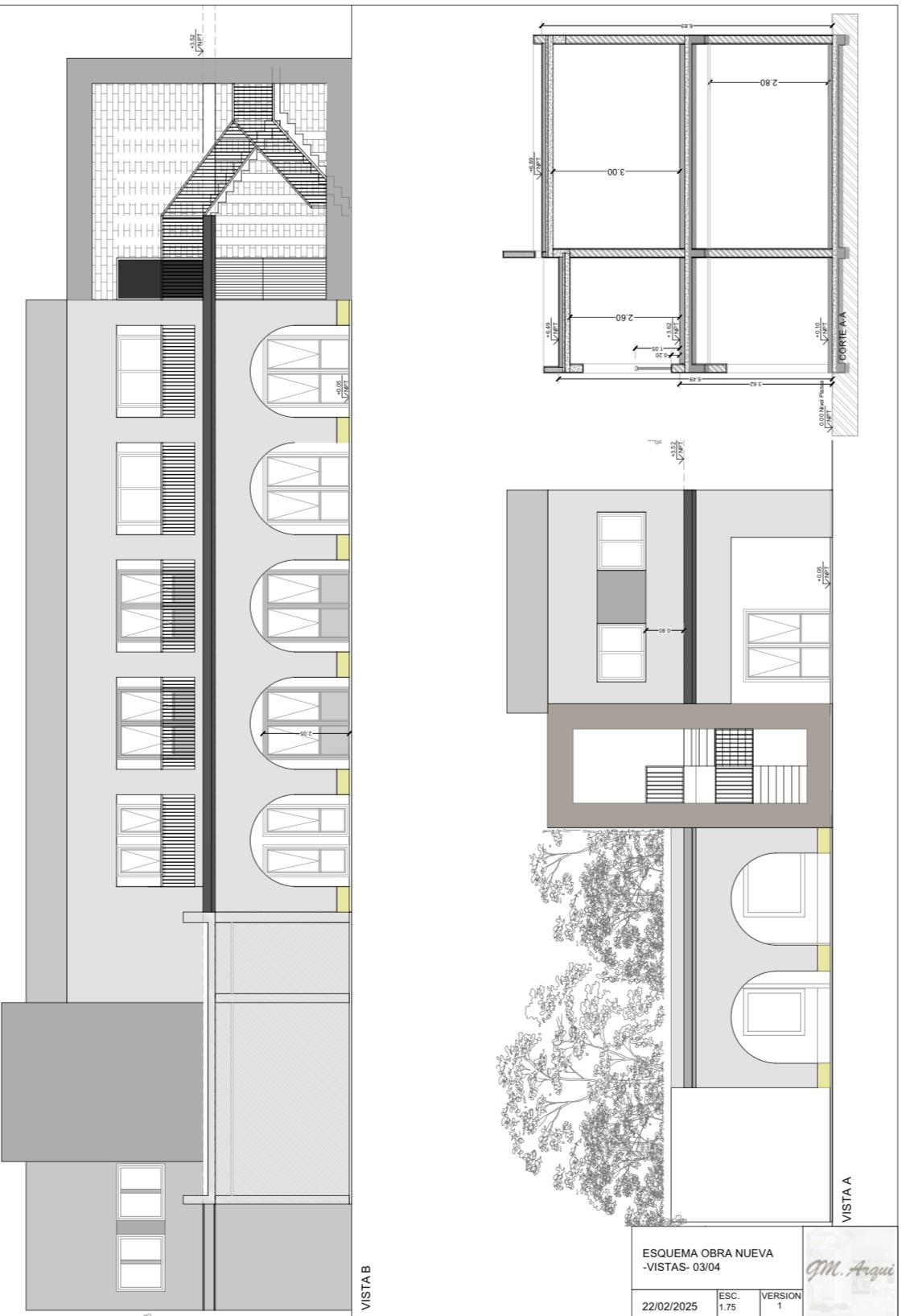 Vistas y cortes del edificio proyectado