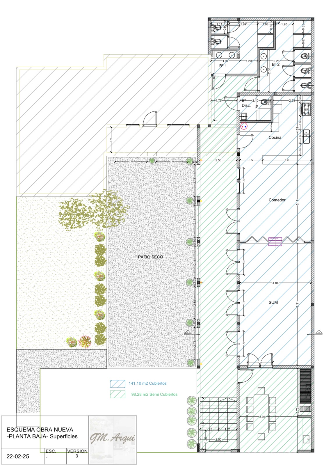 Esquema de planta baja: SUM, comedor, cocina y quincho